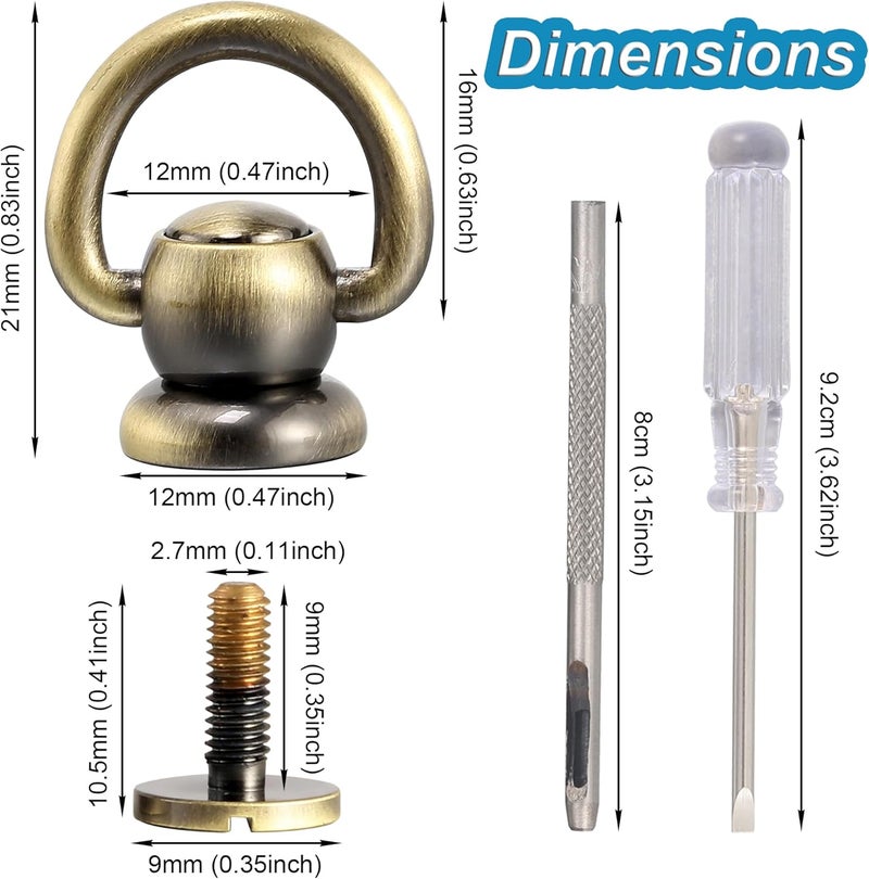 Notgia 4Pcs D Rings for Purse Brass Rivets for Leather Rotatable Purse Strap Hardware Ball Button Studs for Handbag D Rings Chicago Screws for Repair Purse Dog Collar Leather Crafts (Brushed Bronze) - Image 2